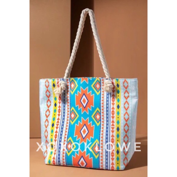 Blue & White Aztec Southwestern Print Rope Handle Tote Bag - Picture 8 of 9